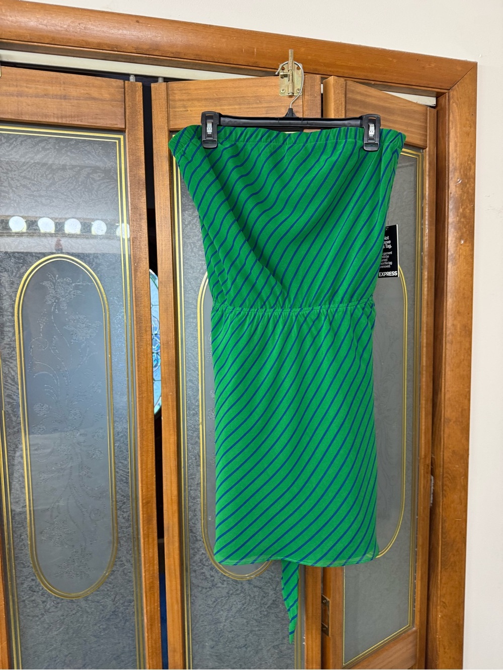 Express Green Strapless Dress with Navy Stripes BRAND NEW